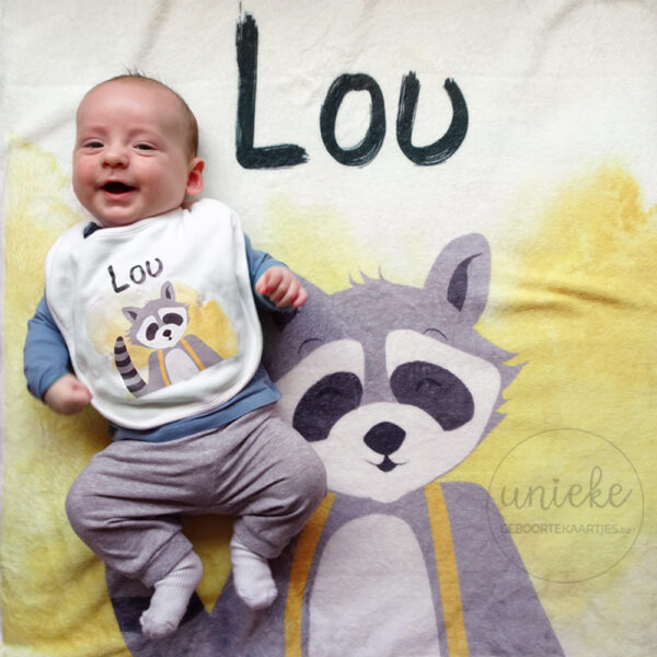 Foto van Lou op een dekentje passend bij zijn geboortekaartje