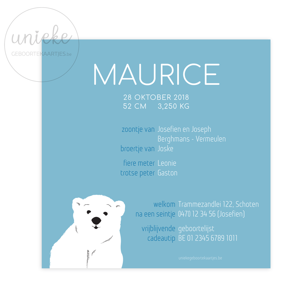 Achterkant van het geboortekaartje van Maurice