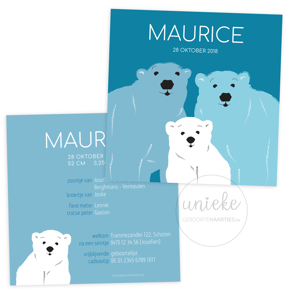 Vierkant geboortekaartje van Maurice