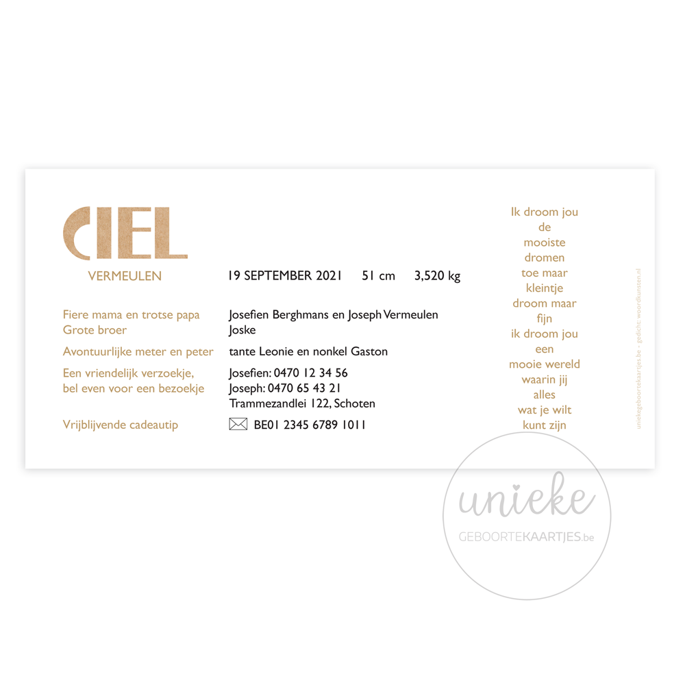 Geboortekaartje Ciel Kano Achterkant Achterkant van het kaartje van Ciel