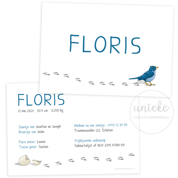 Voorkant en achterkant van het kaartje van Floris