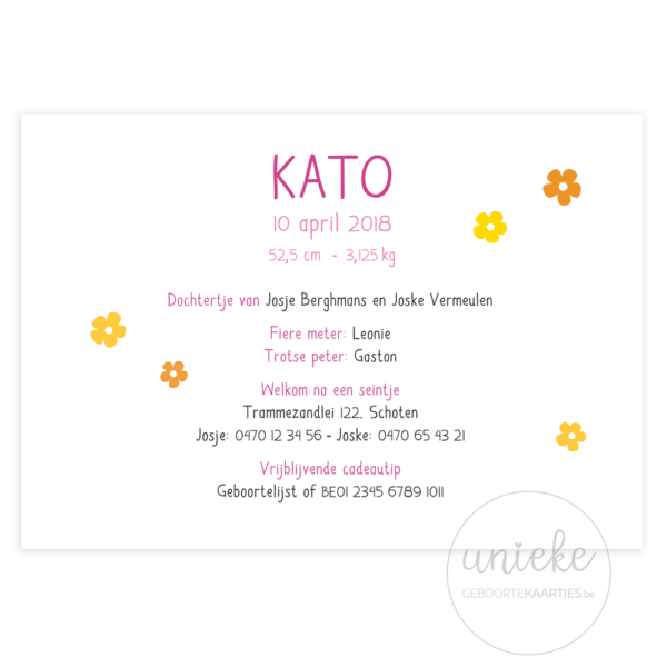 Achterkant van het geboortekaartje van Kato
