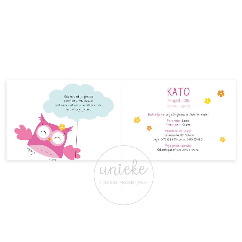Binnenkant van het geboortekaartje van Kato