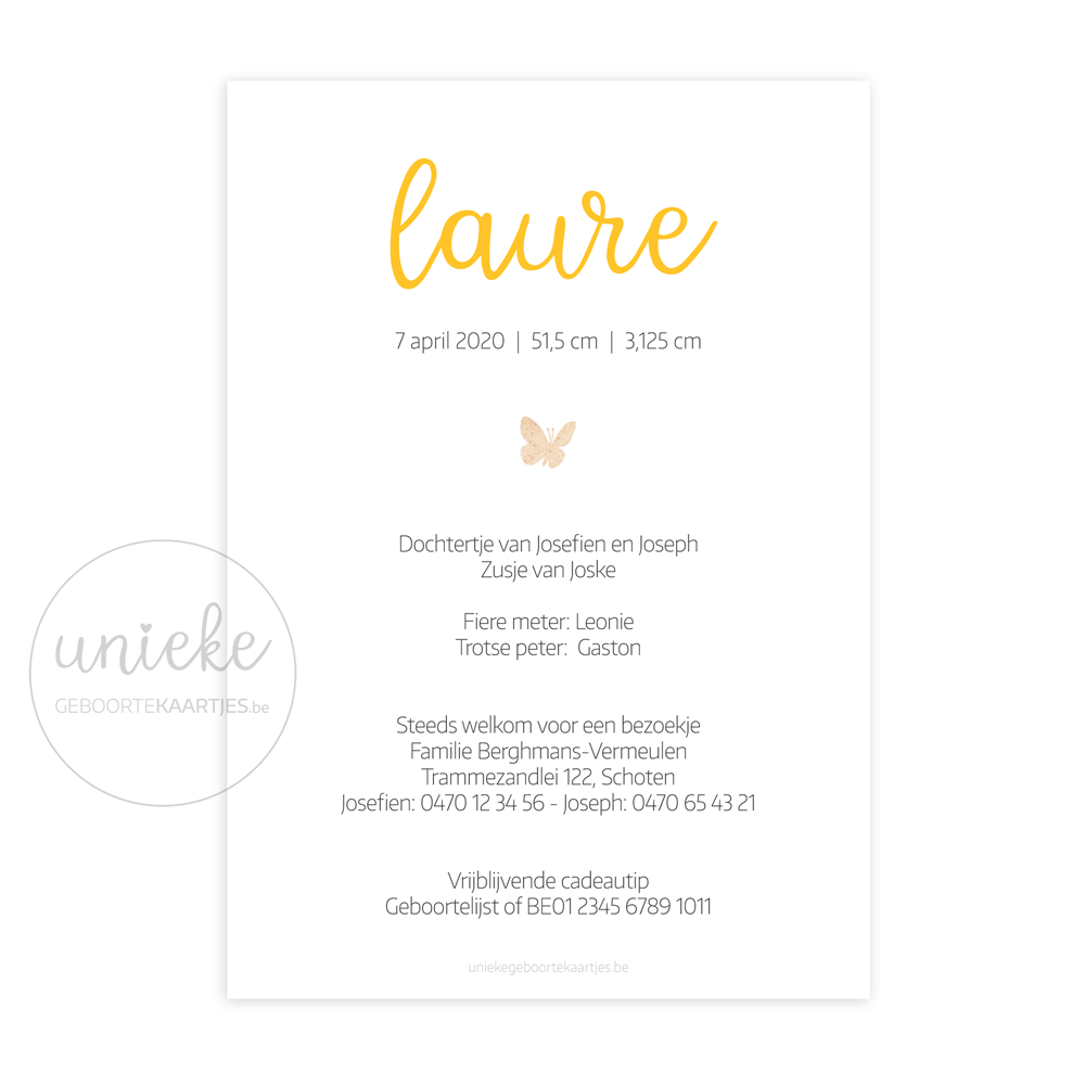 Achterkant van het geboortekaartje van Laure