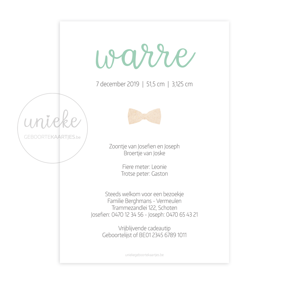 Achterkant van het kaartje van Warre