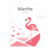 De voorkant van het rechthoekige kaartje van Marthe met flamingo