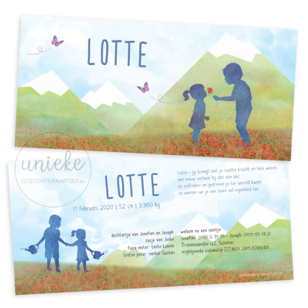 Voor- en achterkant van het geboortekaartje van Lotte