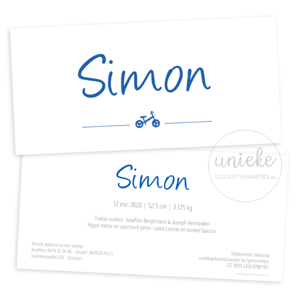 Voorkant en achterkant van het kaartje van Simon