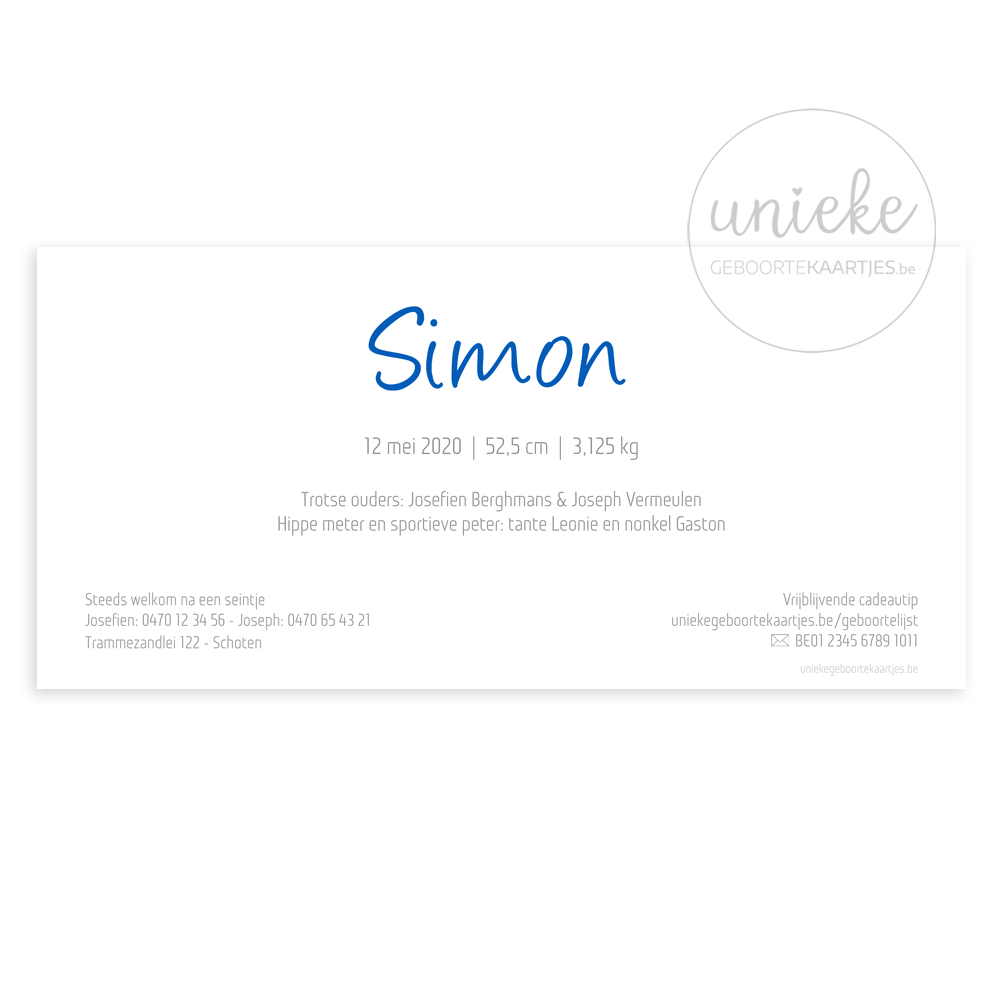 Achterkant van het kaartje van Simon
