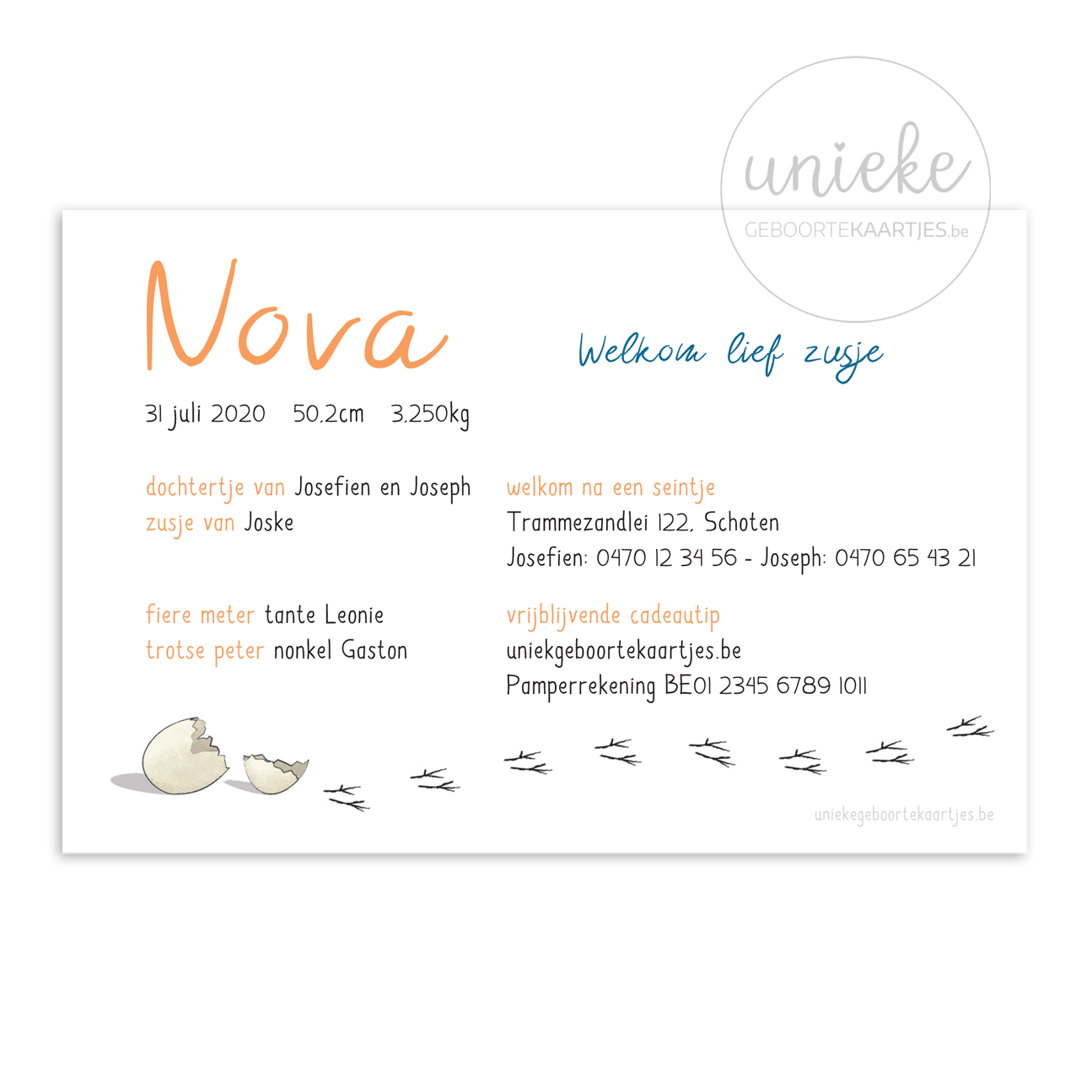 Geboortekaartje Nova Vogel Achterkant Achterkant van het kaartje van Nova