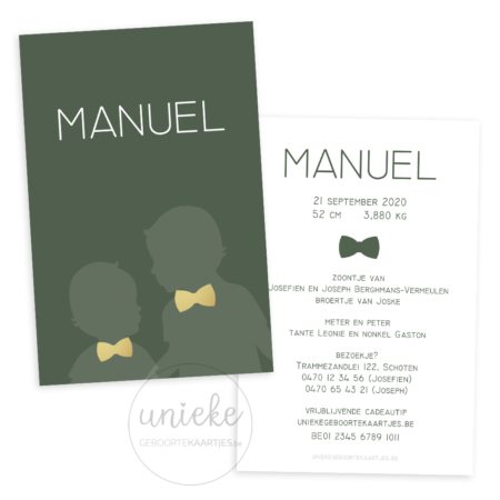 Voorkant en achterkant van het geboortekaartje van Manuel