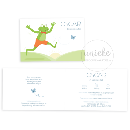 Voorkant en binnenkant van het kaartje van Oscar