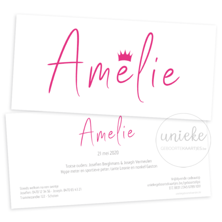 Voorkant en achterkant van het geboortekaartje van Amelie
