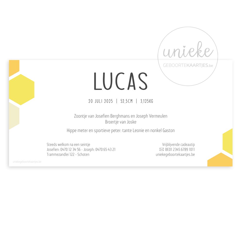 Achterkant van het geboortekaartje van Lucas