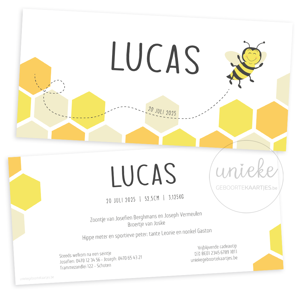Voorkant en achterkant van geboortekaartje Lucas