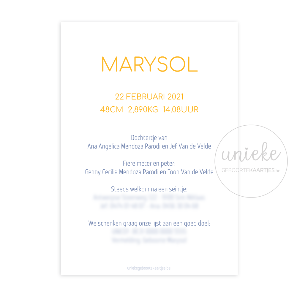 Achterkant van het kaartje van Marysol