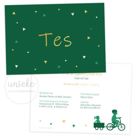 Voorkant en achterkant van het geboortekaartje van Tes