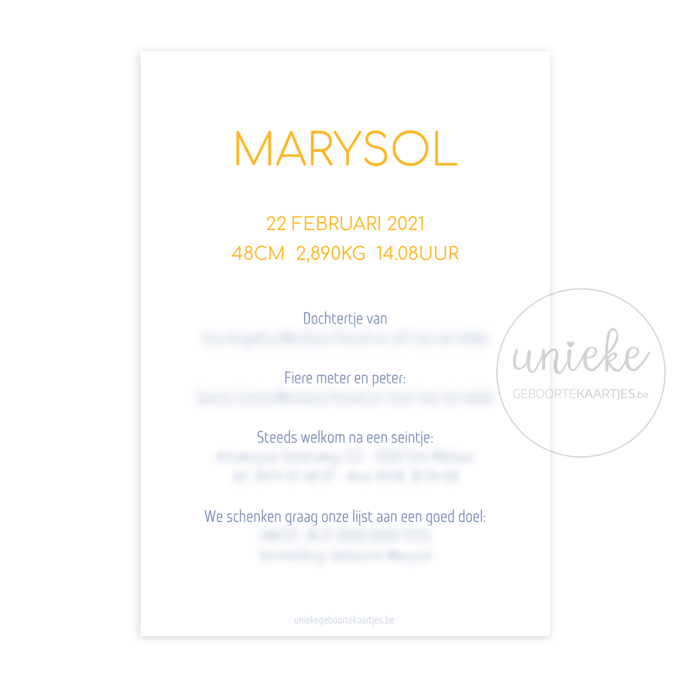 De achterkant van het geboortekaartje van Marysol met de zee en de zon