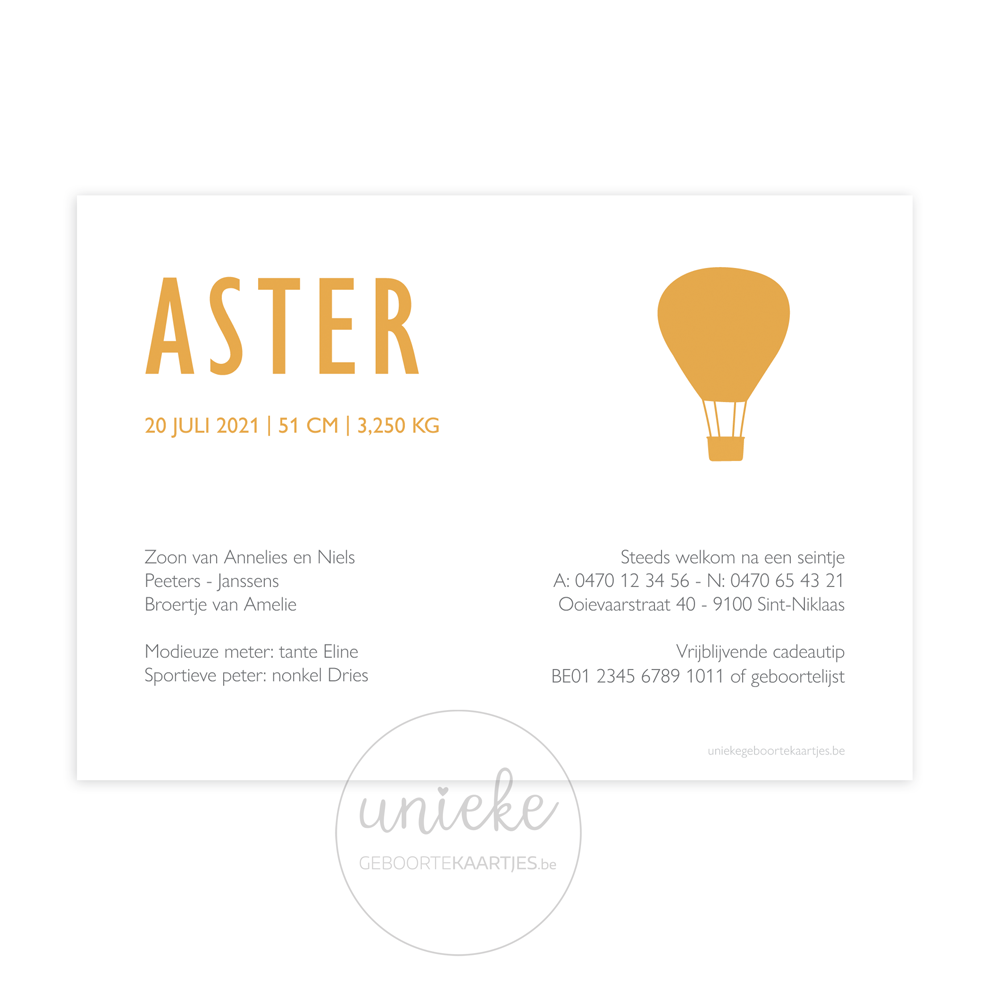 Geboortekaartje Aster Achterkant Achterkant van het kaartje van Aster
