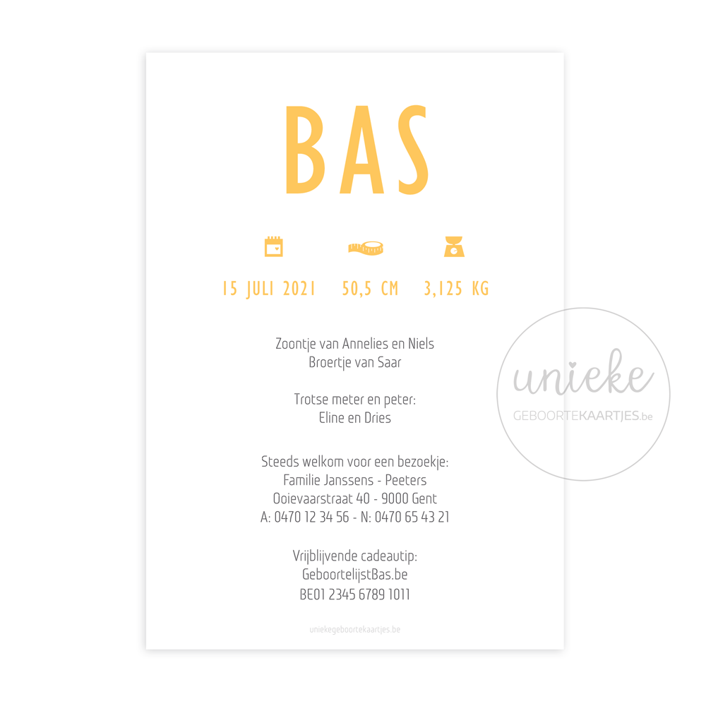 Achterkant van het geboortekaartje van Bas