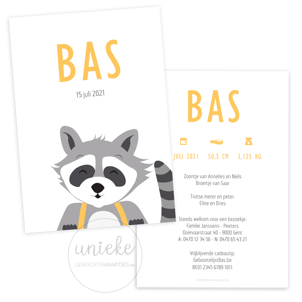 Voorkant en achterkant van het geboortekaartje van Bas