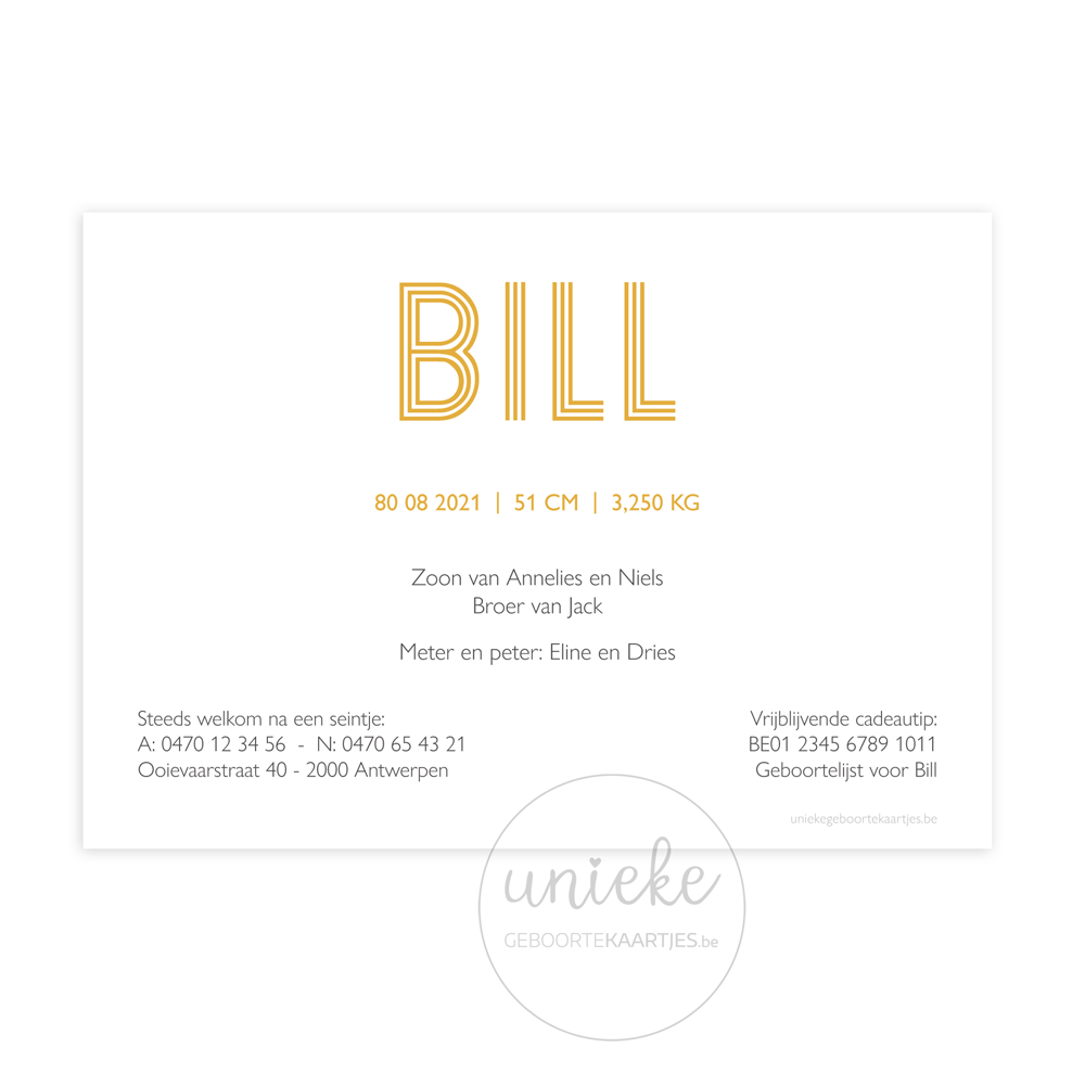 Achterkant van het kaartje van Bill