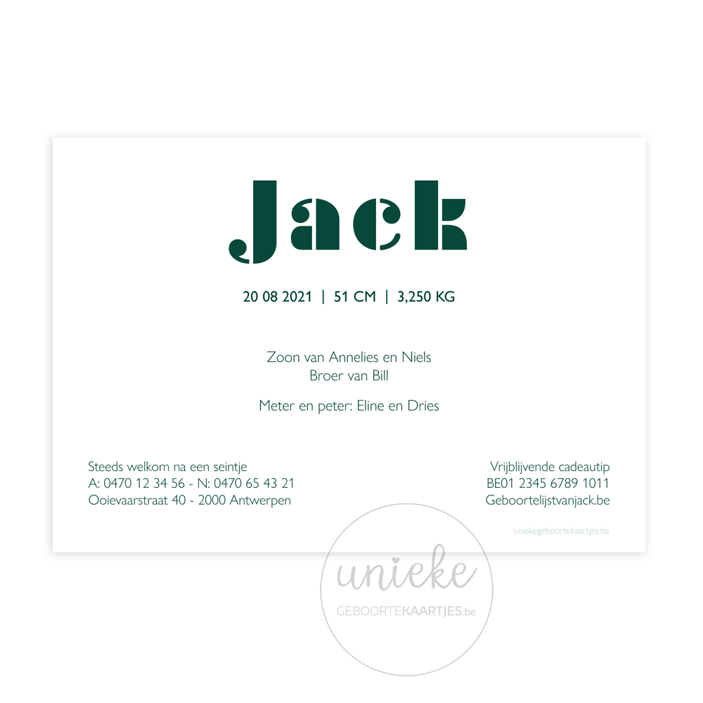 Geboortekaartje Jack Achterkant Achterkant van het kaartje van Jack