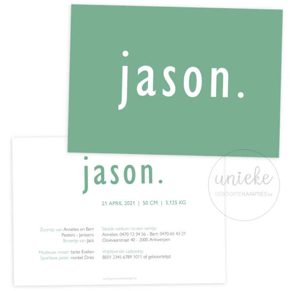 Voorkant en achterkant van het geboortekaartje van Jason