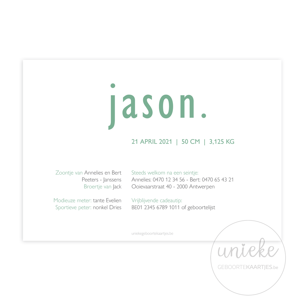 Geboortekaartje Jason Collectie Achterkant Achterkant van het kaartje van Jason