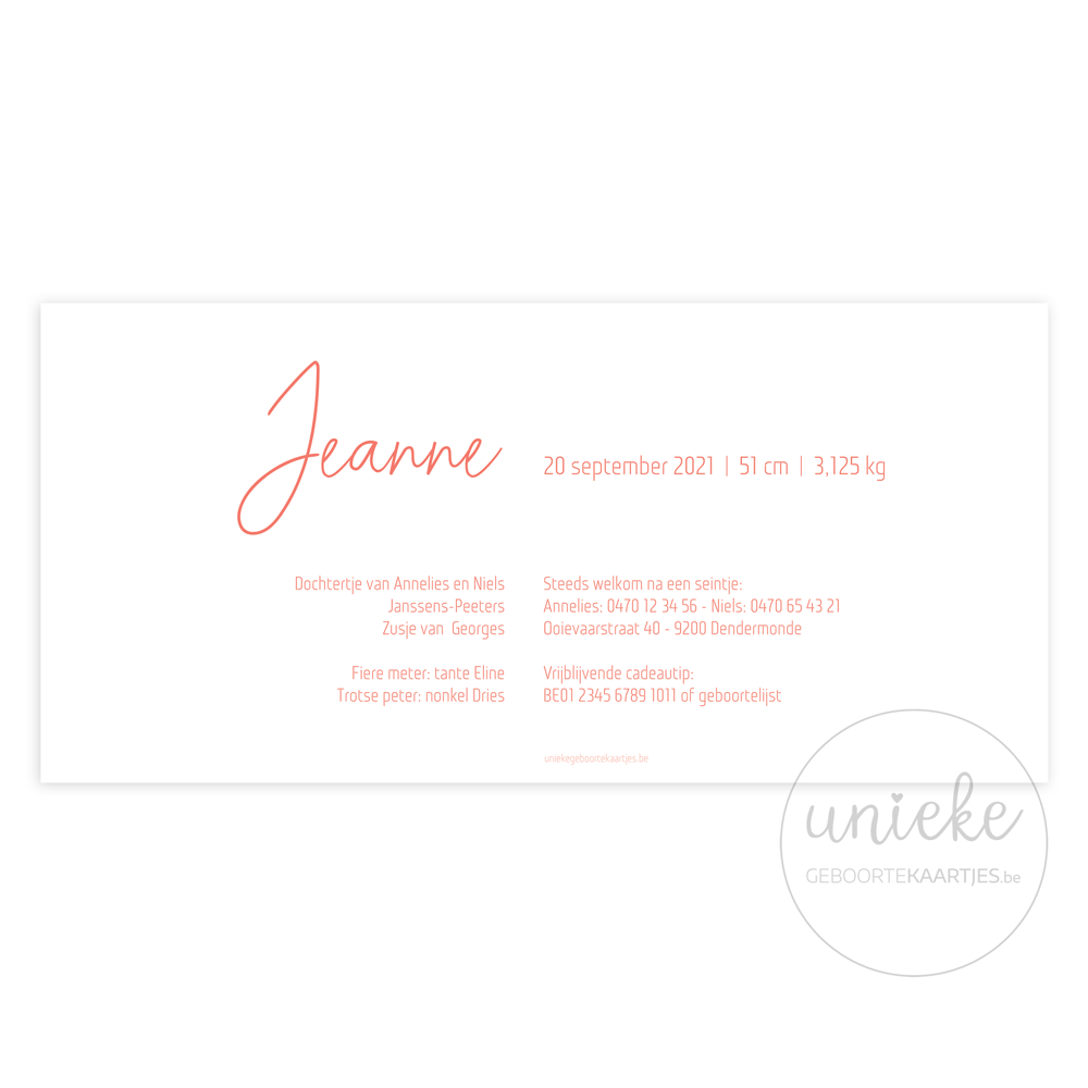Geboortekaartje Jeanne Achterkant Achterkant van het geboortekaartje van Jeanne