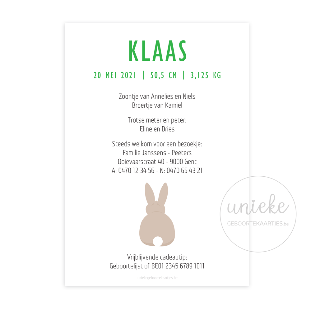 Achterkant van het kaartje van Klaas