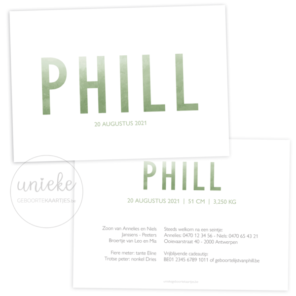 Voorkant en achterkant van het geboortekaartje van Phill