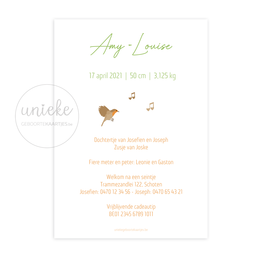 Achterkant van het kaartje van Amy-Louise