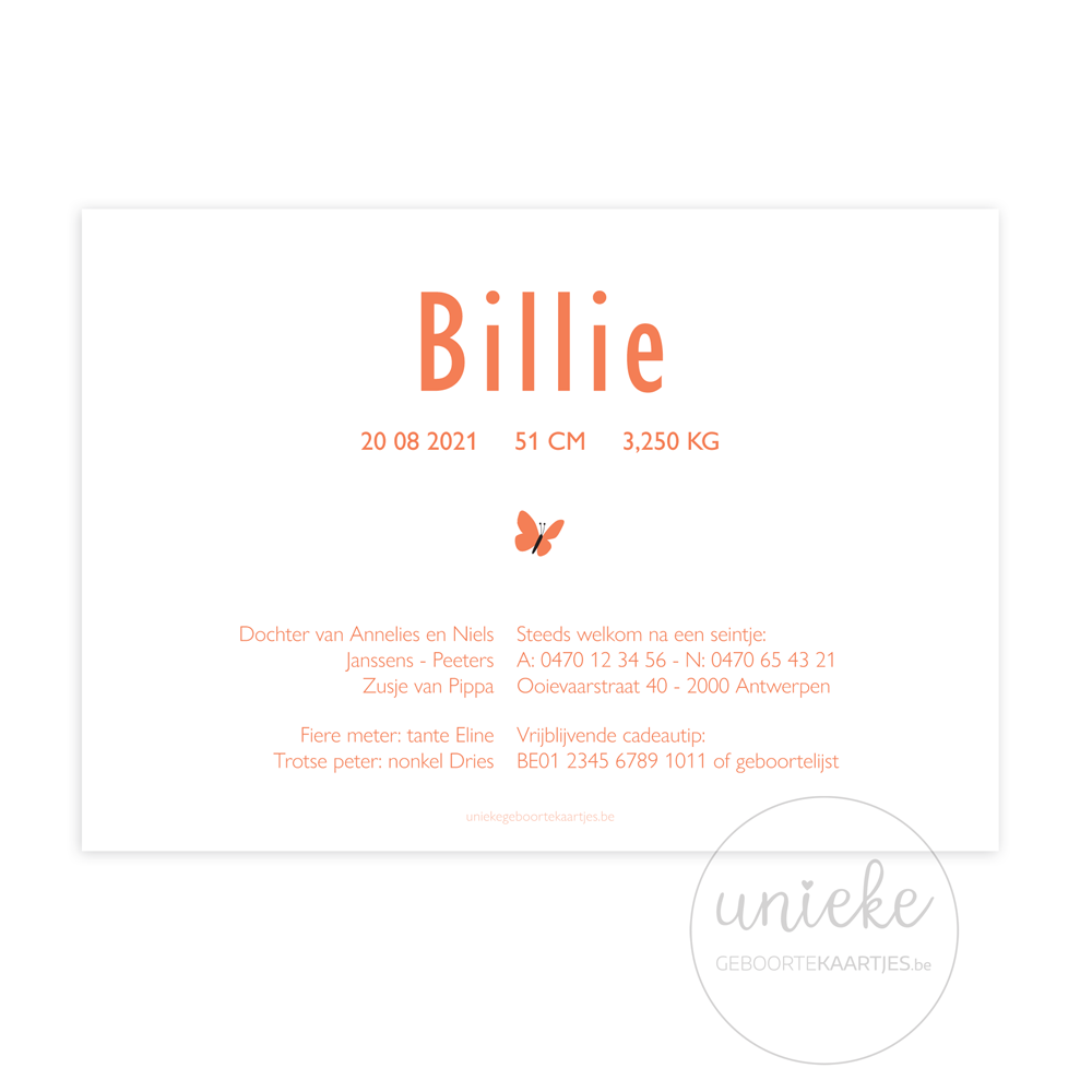 Geboortekaartje Billie Achterkant Achterkant van het kaartje van Billie