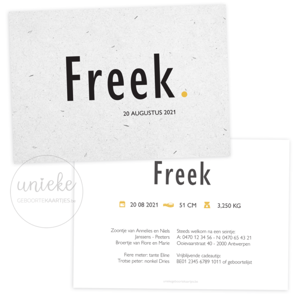 Voorkant en achterkant van het geboortekaartje van Freek