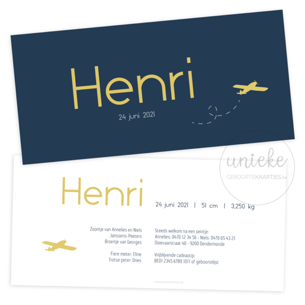 Voorkant en achterkant van het kaartje van Henri