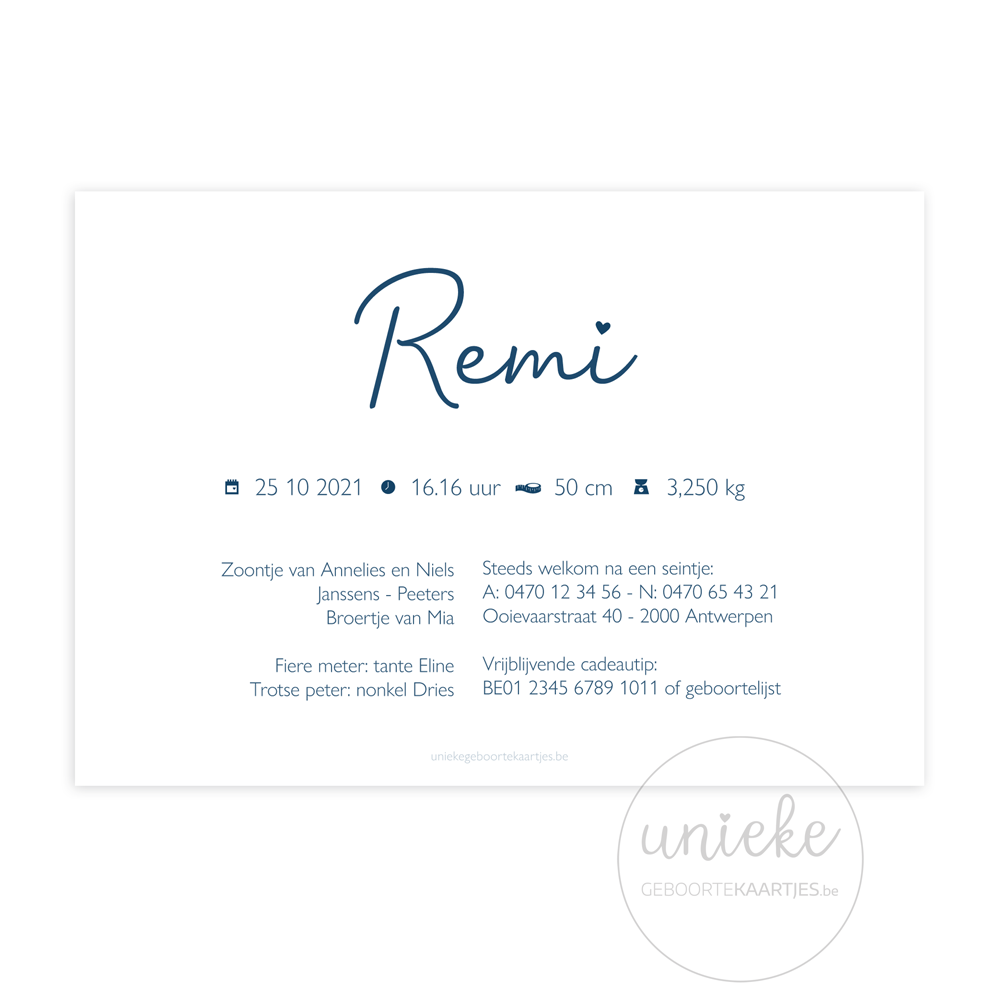 Achterkant van het geboortekaartje van Remi