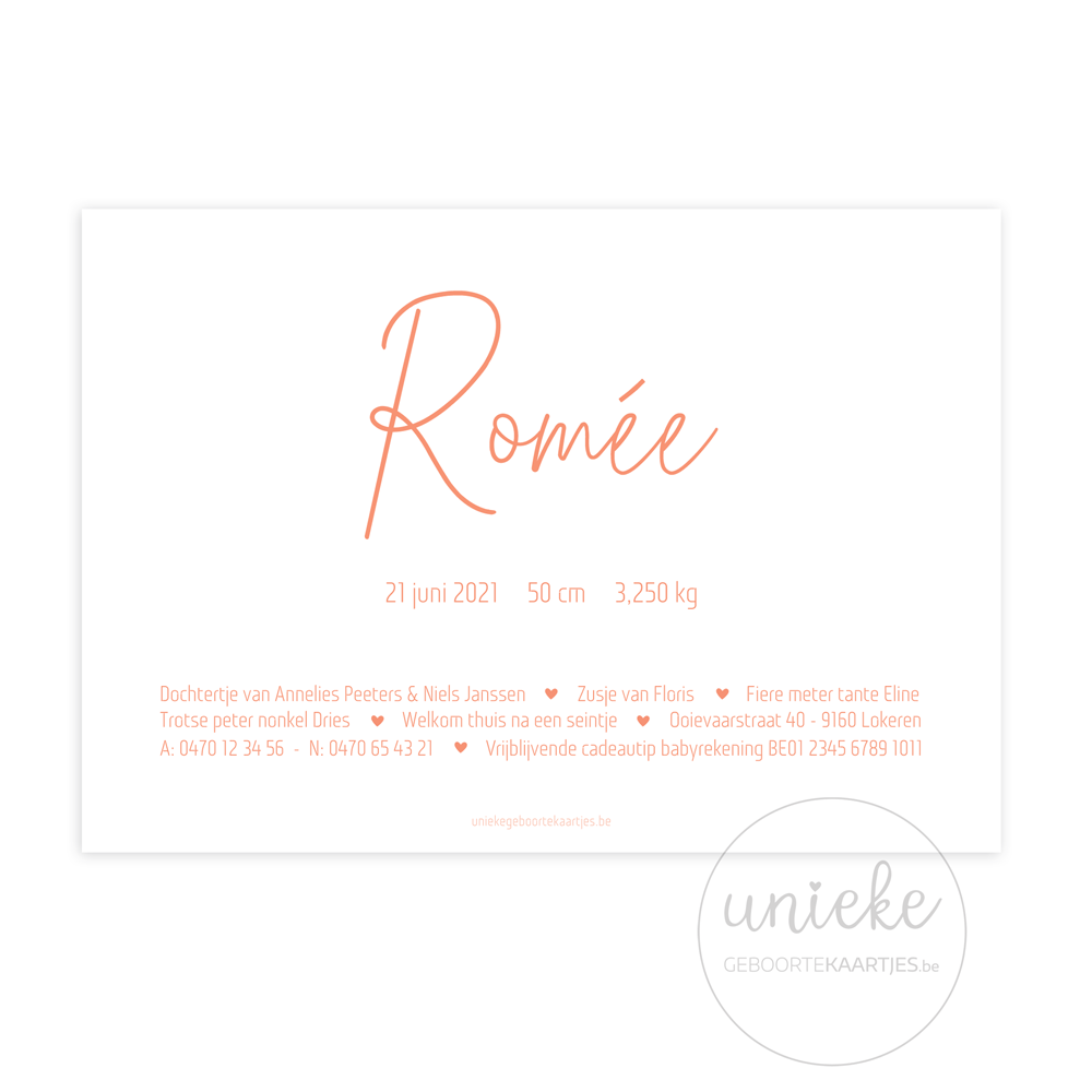 Achterkant van het geboortekaartje van Romée