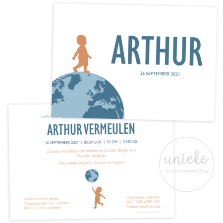 Geboortekaartje van Arthur met wereldbol