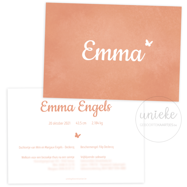 Voorkant en achterkant van het geboortekaartje van Emma