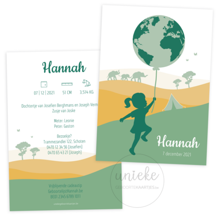 Geboortekaartje van Hannah met wereldbol