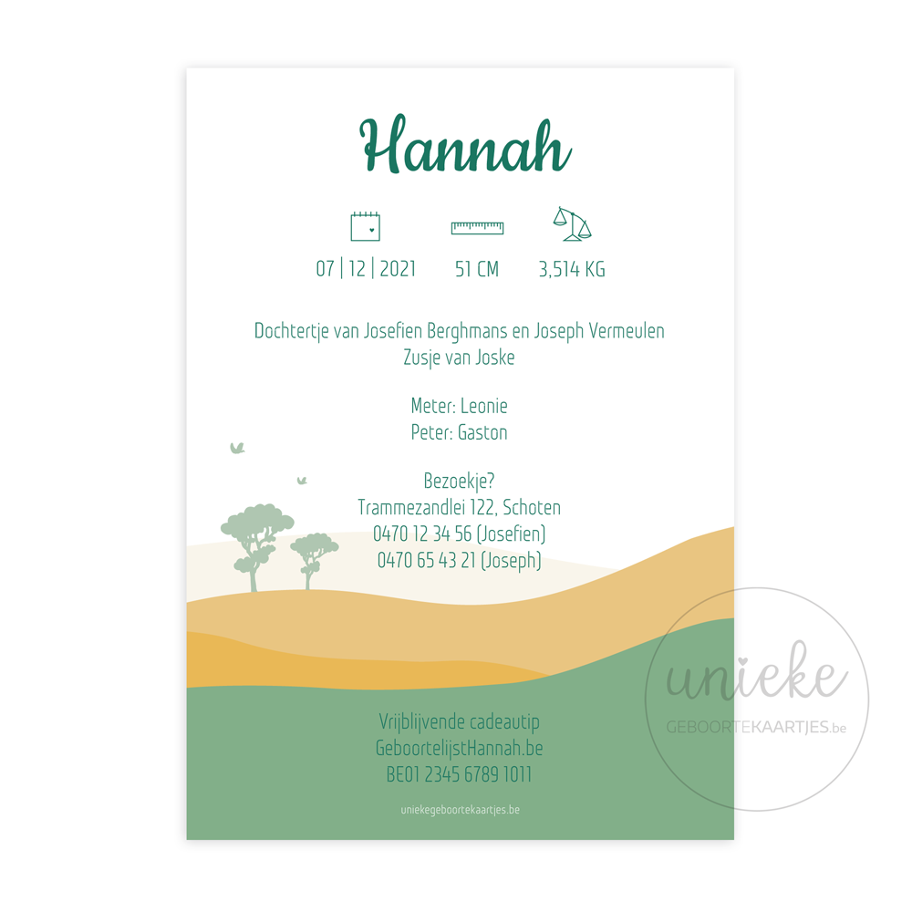 Achterkant van het geboortekaartje van Hannah