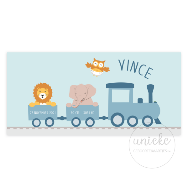 Blauwe voorkant van het kaartje van Vince