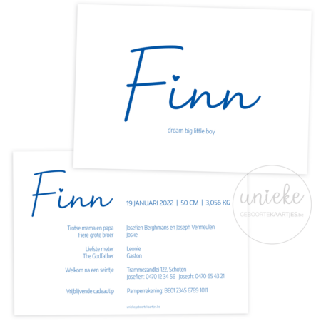 Voorkant en achterkant van het kaartje van Finn