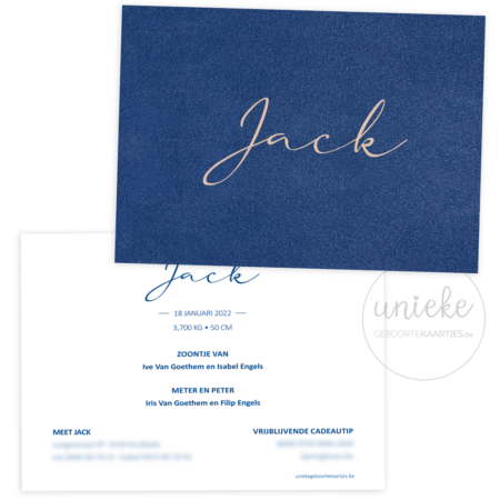 Voorkant en achterkant van het geboortekaartje van Jack