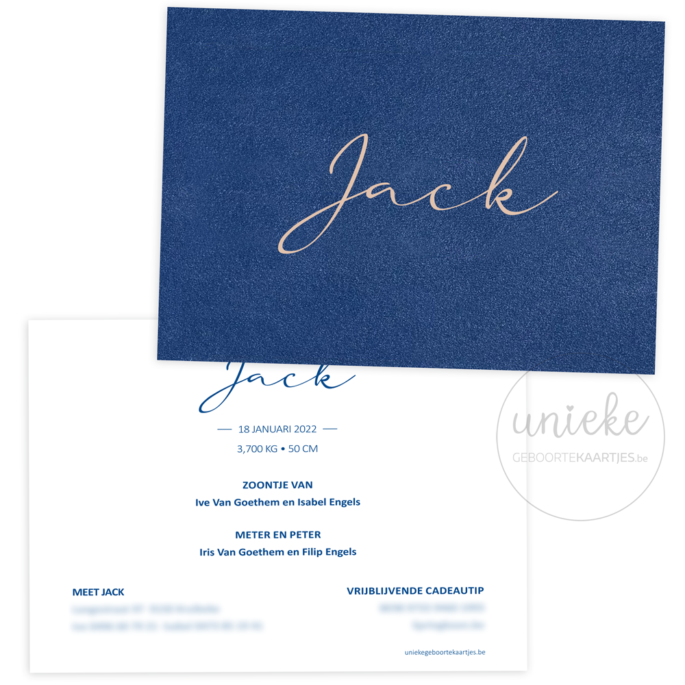 Geboortekaartje Jack Velvet Blauw Op Maat Voorkant en achterkant van het geboortekaartje van Jack