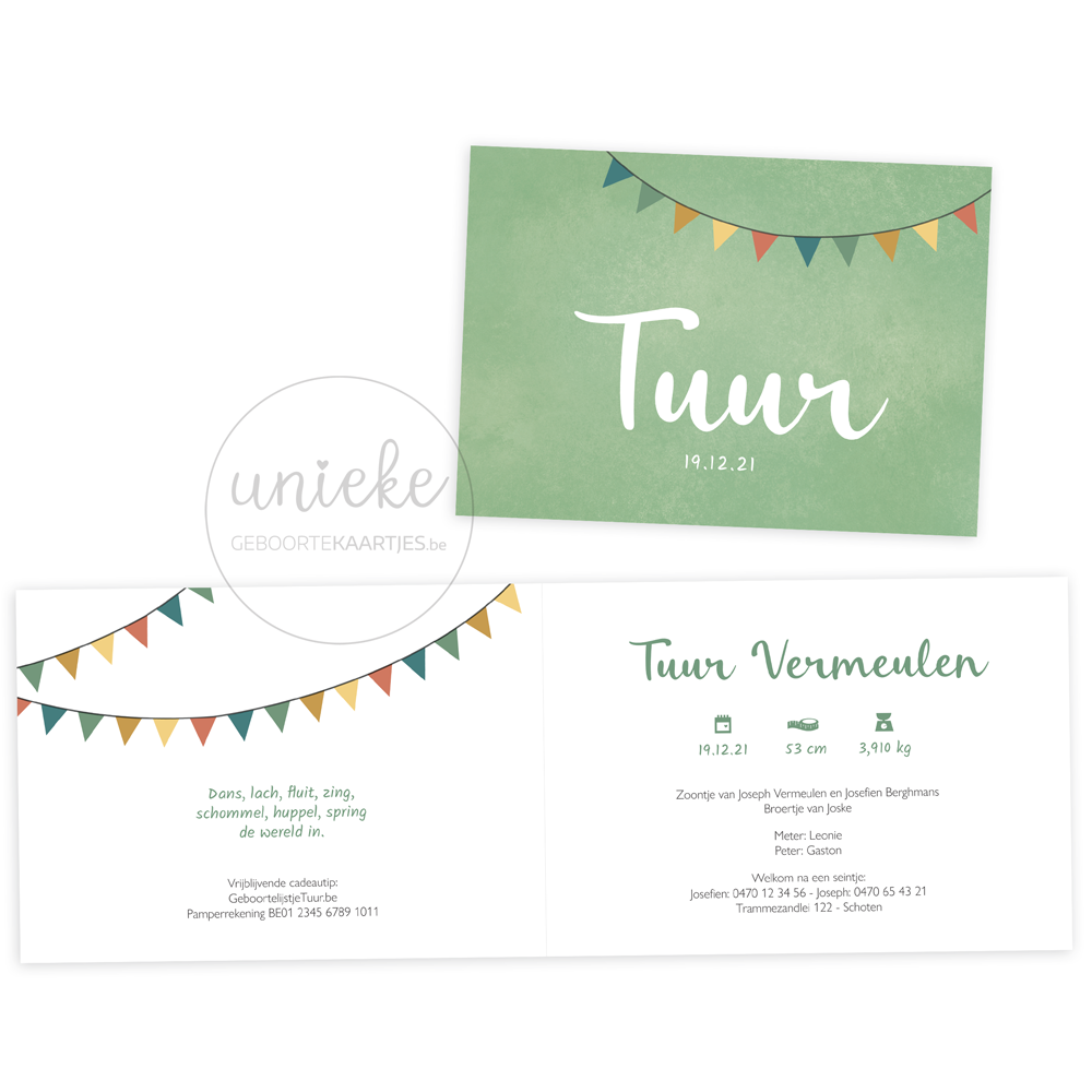 Voorkant en binnenkant van het kaartje van Tuur