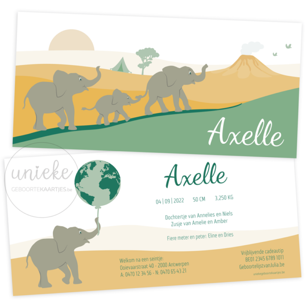 Voorkant en achterkant van het kaartje van Axelle