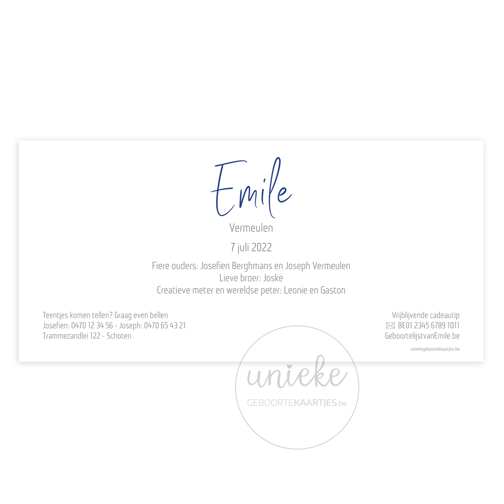 Achterkant van het geboortekaartje van Emile