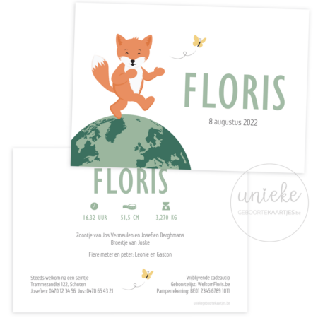 Voorkant en achterkant van het geboortekaartje van Floris